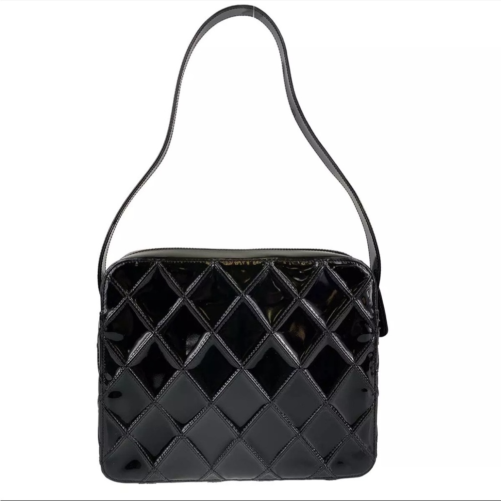 Vintage Chanel Patent Leather Black Quilted Shoulder Bag